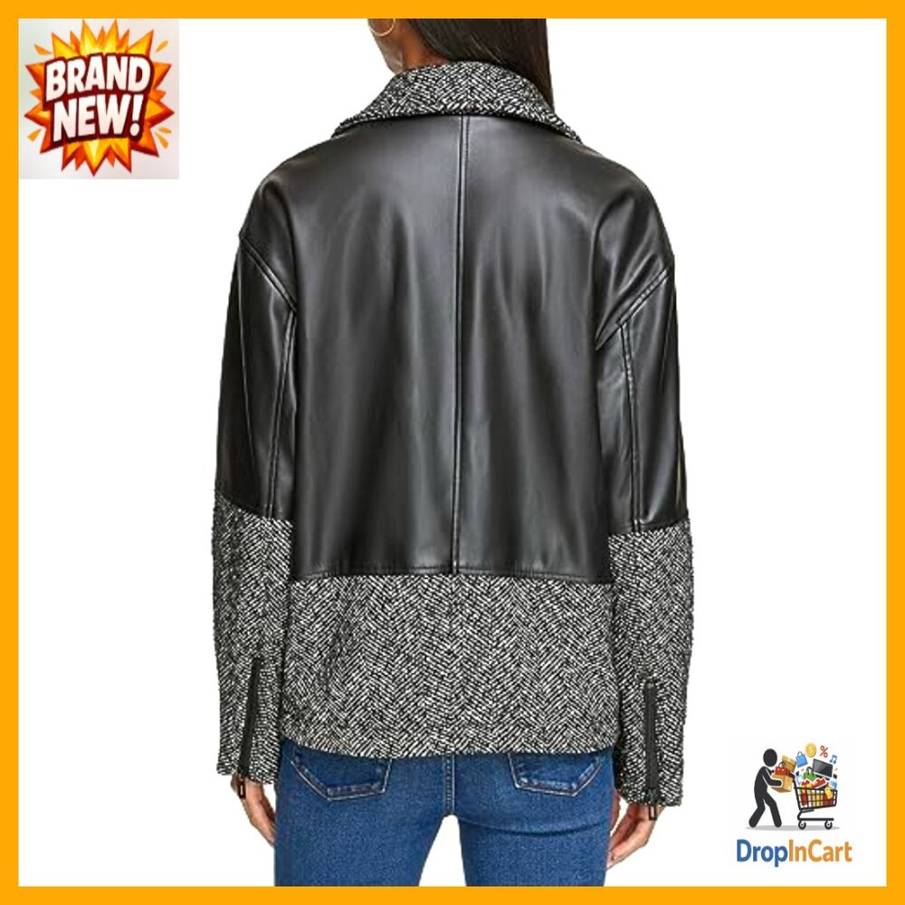 Mix Tweed Bomber Jacket Long Sleeve Aviator Silhouette Classic Chic Fall - Picture 4 of 5